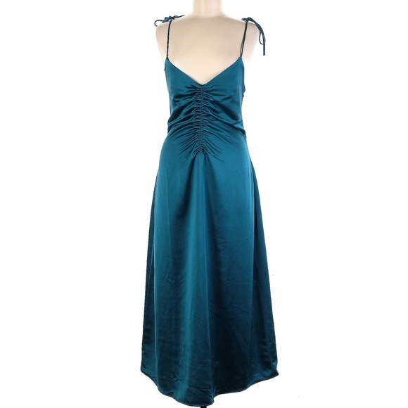NWOT Jason Wu Strappy Silky Ruched Front Midi Dress, Teal - Size L - Picture 1 of 8